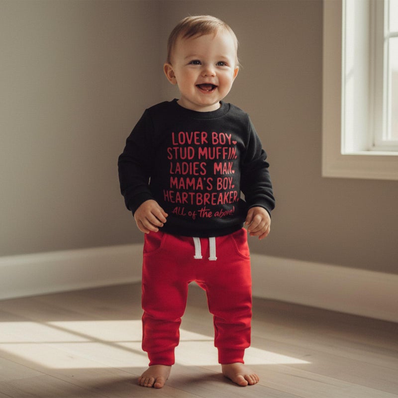 Fernvia Toddler Baby Boy Valentines Day Outfit Letter Print Long Sleeve Crewneck Sweatshirt + Joggers Pants Sets (A Lover Boy Black, 6-12 Months) - Image 3