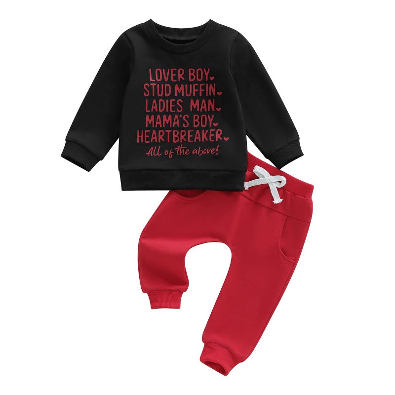 Fernvia Toddler Baby Boy Valentines Day Outfit Letter Print Long Sleeve Crewneck Sweatshirt + Joggers Pants Sets (A Lover Boy Black, 6-12 Months) - Image 1