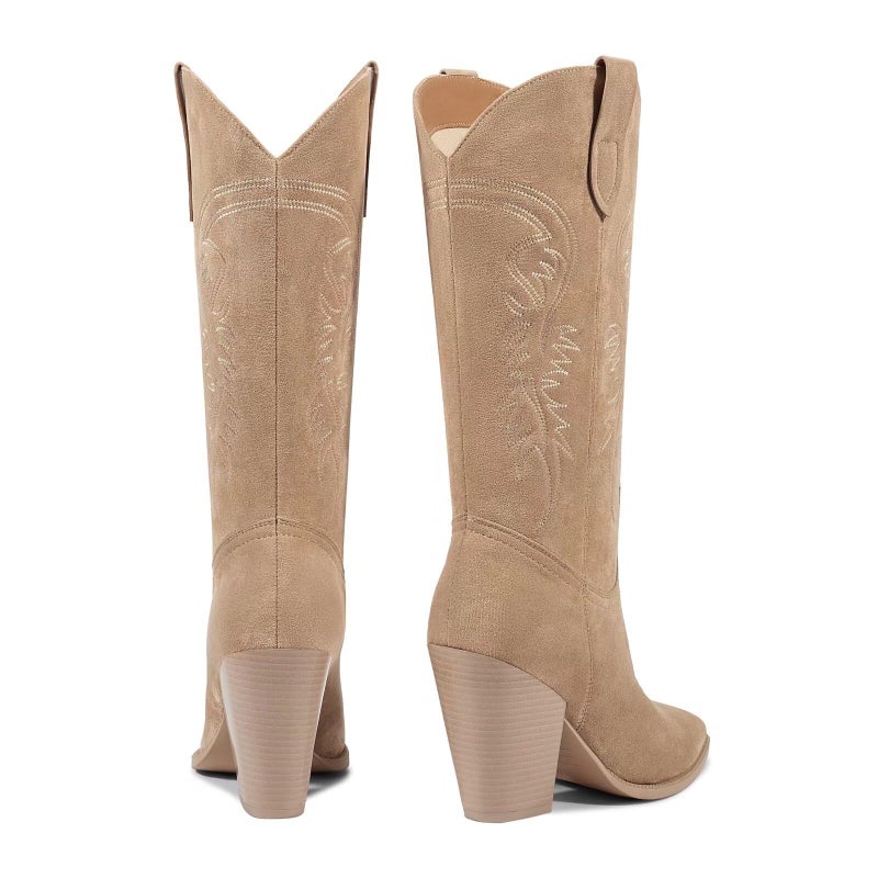 ISNOM Women's Apricot Suede Embroidered Western Cowgirl Boots - Size 7.5, Medium Width, Heel Height 3.94in / 10cm - Image 5