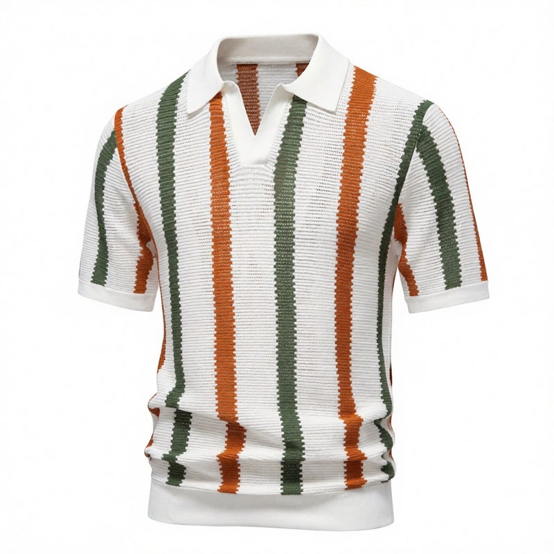 Men's Striped Knit Short Sleeve Breathable Polo Shirt Summer Hollow Out European Fit