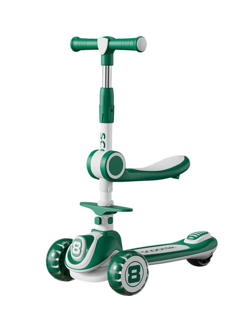 Three-in-one Children's Scooter Can Sit And Ride Led Light Flashing Wheel, Adjustable Height Foldable Scooter Removable Seat, Outdoor Activities For Boys Girls (Green)  - Image 1