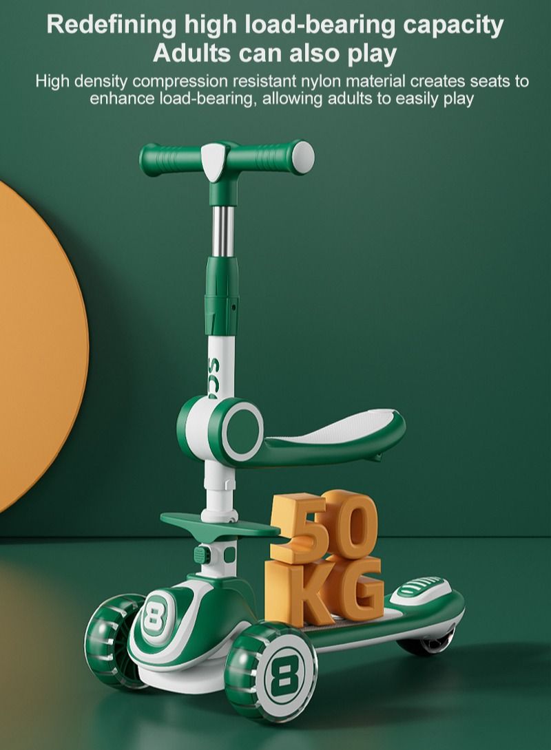 Three-in-one Children's Scooter Can Sit And Ride Led Light Flashing Wheel, Adjustable Height Foldable Scooter Removable Seat, Outdoor Activities For Boys Girls (Green)  - Image 4