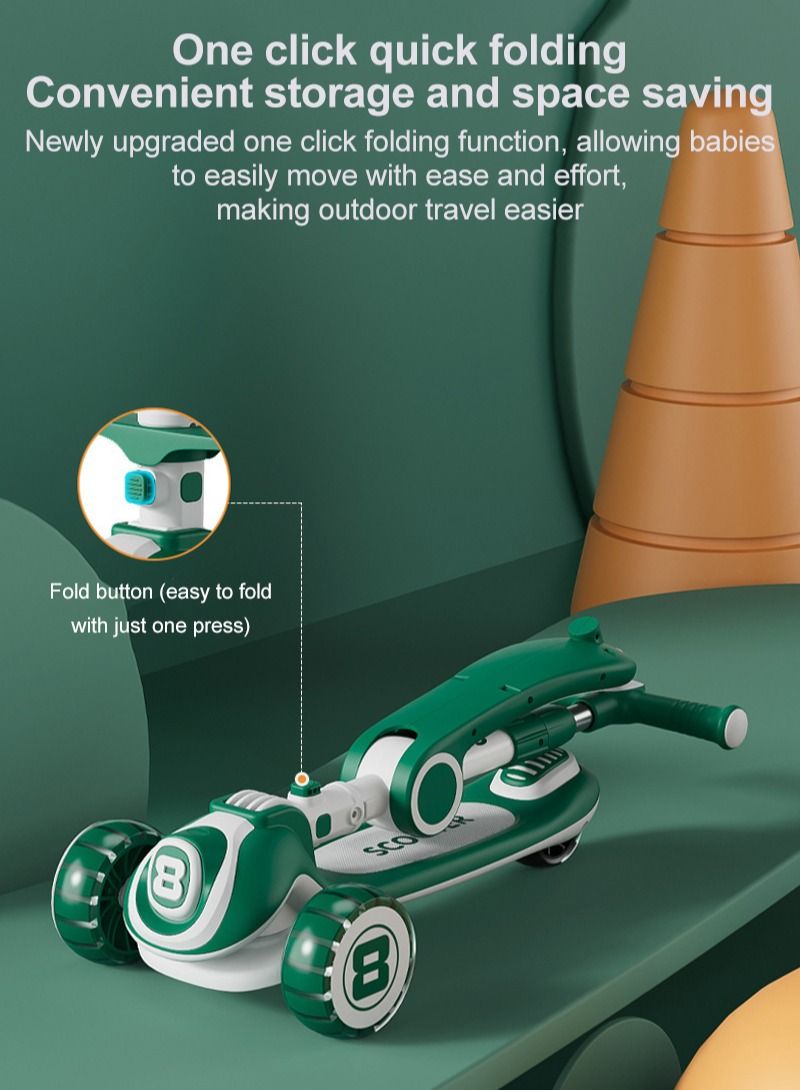 Three-in-one Children's Scooter Can Sit And Ride Led Light Flashing Wheel, Adjustable Height Foldable Scooter Removable Seat, Outdoor Activities For Boys Girls (Green)  - Image 5