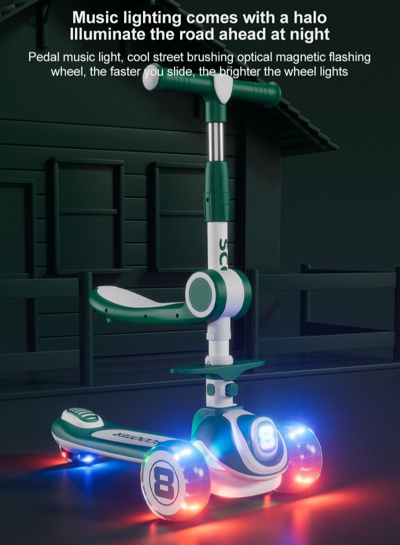 Three-in-one Children's Scooter Can Sit And Ride Led Light Flashing Wheel, Adjustable Height Foldable Scooter Removable Seat, Outdoor Activities For Boys Girls (Green)  - Image 2