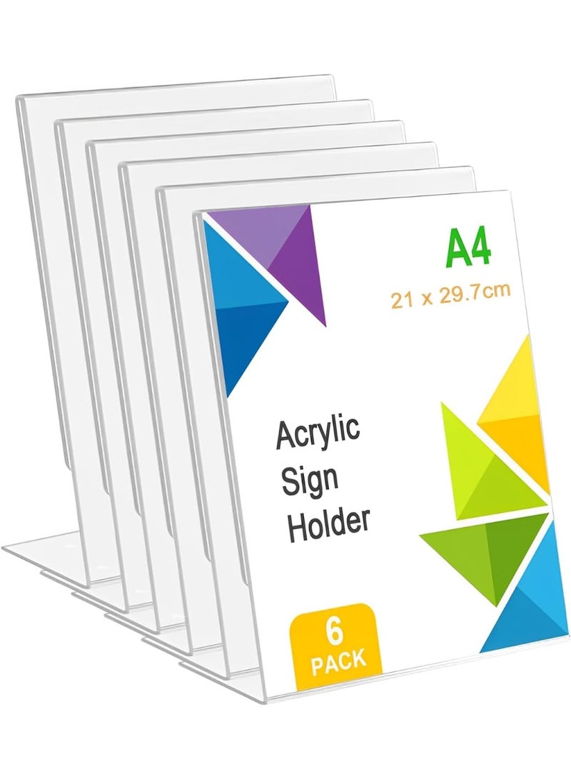 Slasa A4 Acrylic Sign Holder – 6 Pack Clear L-Shape Menu & Poster Display Stand – Transparent Plastic Tabletop Holder for Restaurants, Hotels, Offices, Shops, Exhibitions – Vertical A4 Size 29.7x21 cm - Image 1