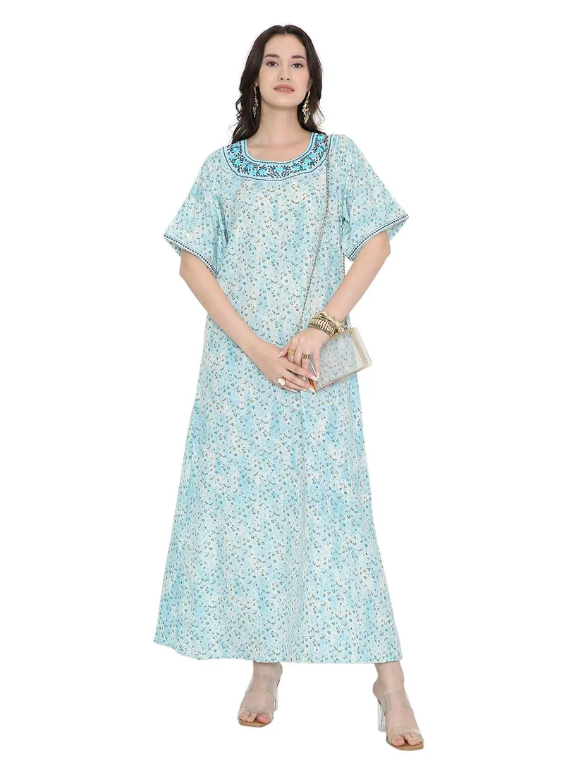 هانا آند سارا Tiny Flower Printed and Neck Embroidered Arabic Farasha Kaftan Dresses