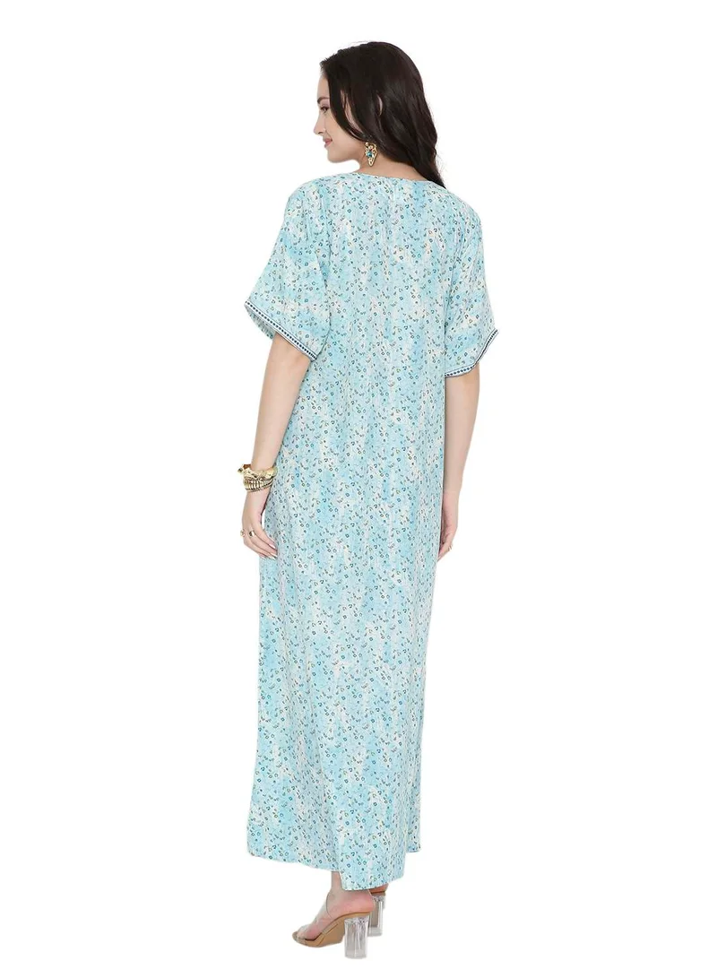هانا آند سارا Tiny Flower Printed and Neck Embroidered Arabic Farasha Kaftan Dresses