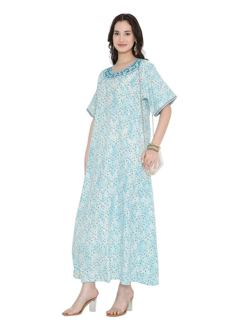 HANA & SARA Tiny Flower Printed and Neck Embroidered Arabic Farasha Kaftan Dresses
