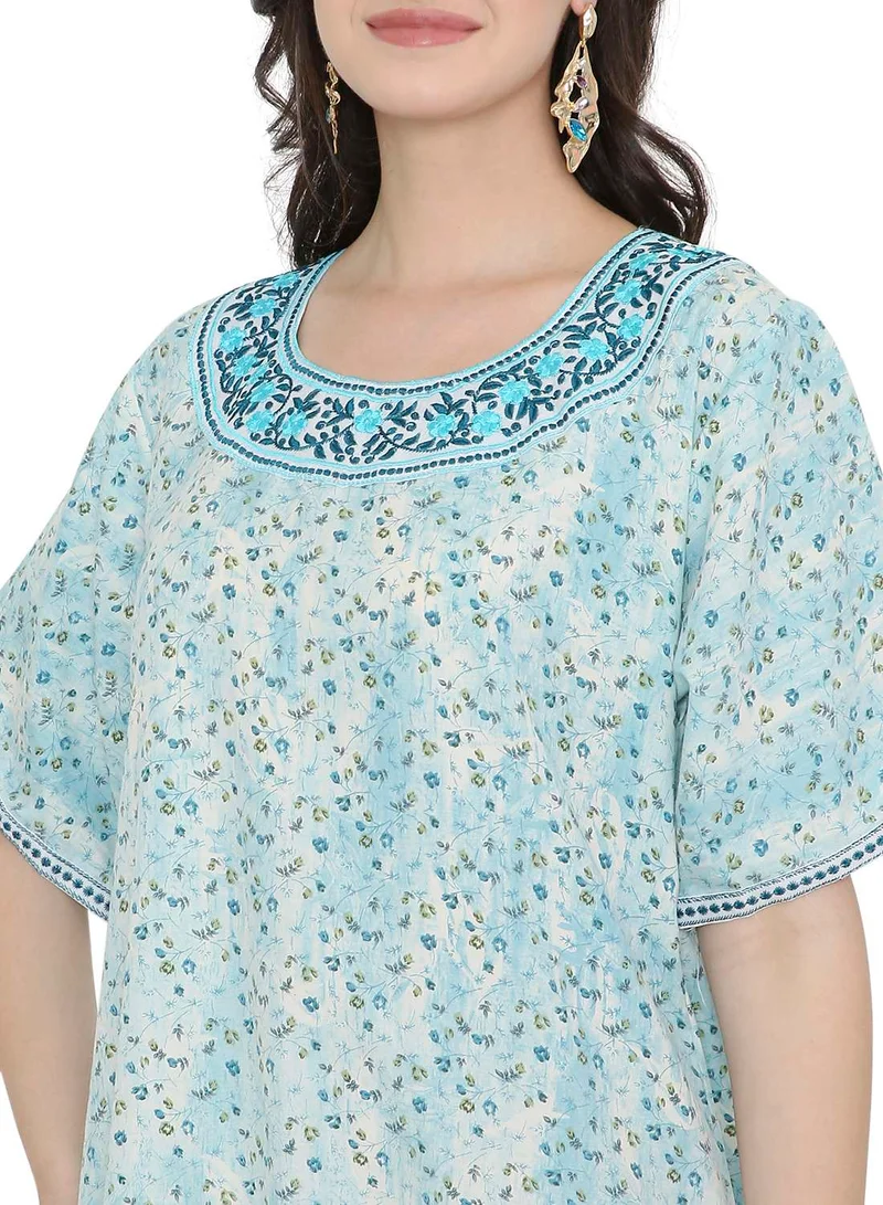 HANA & SARA Tiny Flower Printed and Neck Embroidered Arabic Farasha Kaftan Dresses