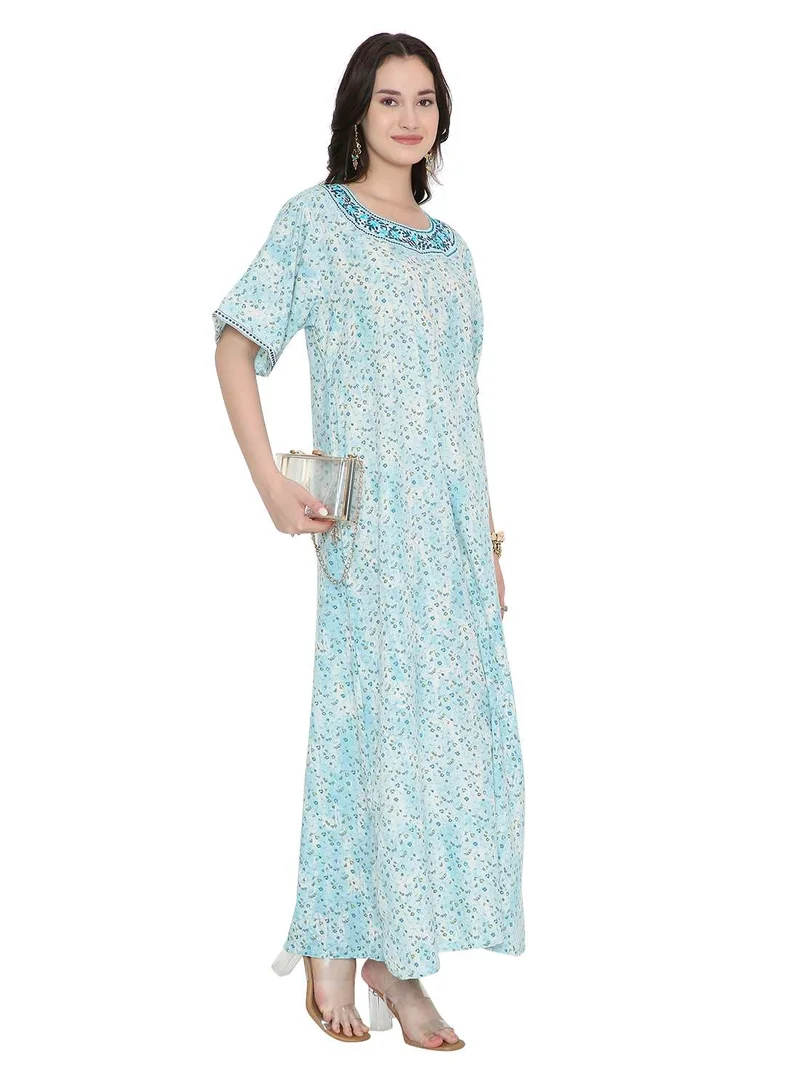 HANA & SARA Tiny Flower Printed and Neck Embroidered Arabic Farasha Kaftan Dresses