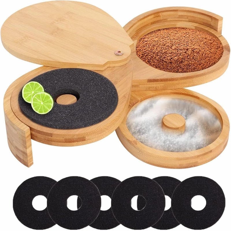 Wadoy Bamboo Margarita Salt Rimmer Set - 3 Tier Glass Rimmer with Lid and 6 Sponges for Cocktails, Bar Salt and Sugar for House Party, Bloody Mary, Manhattan Drinks - Image 1