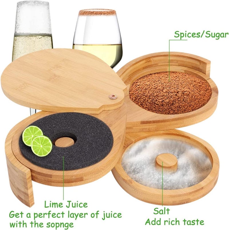 Wadoy Bamboo Margarita Salt Rimmer Set - 3 Tier Glass Rimmer with Lid and 6 Sponges for Cocktails, Bar Salt and Sugar for House Party, Bloody Mary, Manhattan Drinks - Image 4