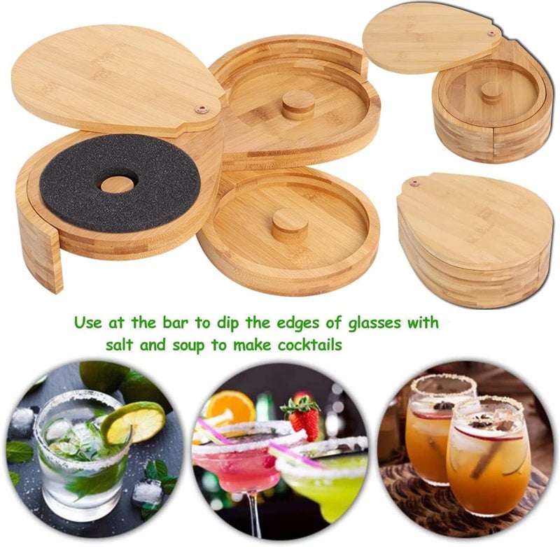 Wadoy Bamboo Margarita Salt Rimmer Set - 3 Tier Glass Rimmer with Lid and 6 Sponges for Cocktails, Bar Salt and Sugar for House Party, Bloody Mary, Manhattan Drinks - Image 2