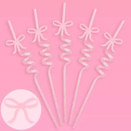 xo, Fetti Bow Reusable Glitter Straw Set - 12 pc | Pretty Bachelorette Decorations, Bow Theme Birthday Party, Bridal Engagement Drinkware, Coquette Cute Supplies, Baby Shower Tableware, Tea Decor - Image 1