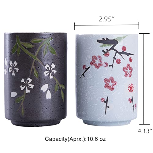 WHJY 10oz Transitional Chinese/Japanese style Handle-less Ceramic Tea cups teacup, Flora Pattern Set of 2 - Image 2