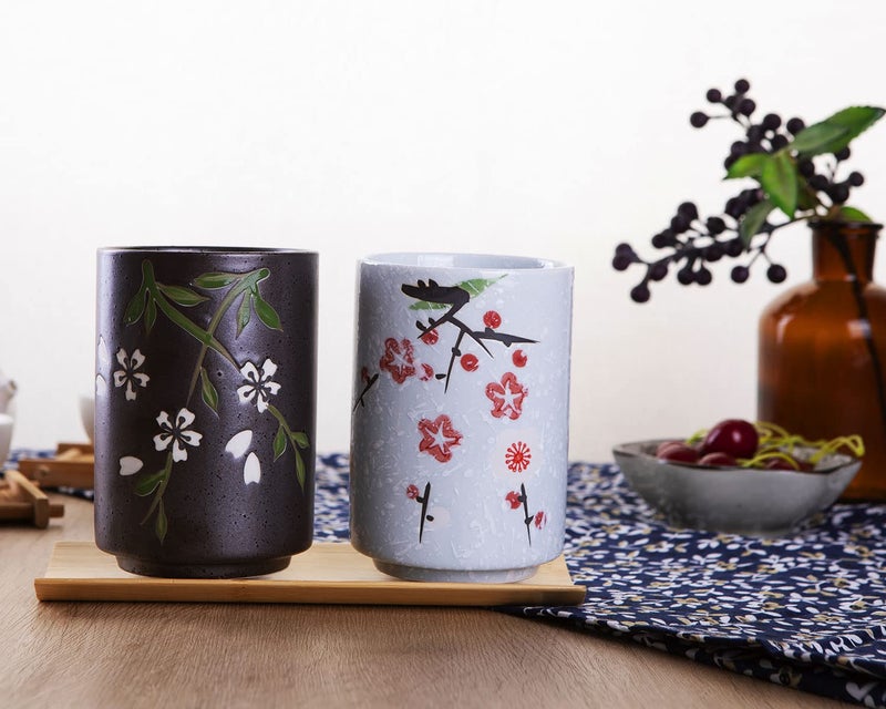 WHJY 10oz Transitional Chinese/Japanese style Handle-less Ceramic Tea cups teacup, Flora Pattern Set of 2 - Image 5