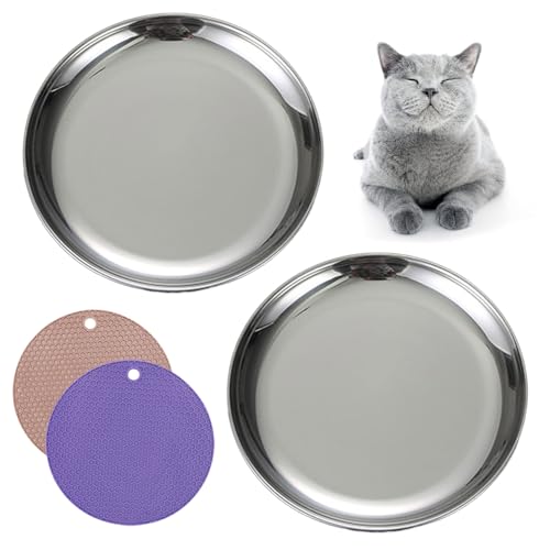 RMNHPTK Cat Food Plate - Stainless Steel Bowls Dishes Relief Whisker Fatigue Cat Plates Shallow Bowl with Non-Slip Mats for Wet Food (6.7 Inch) - Image 1