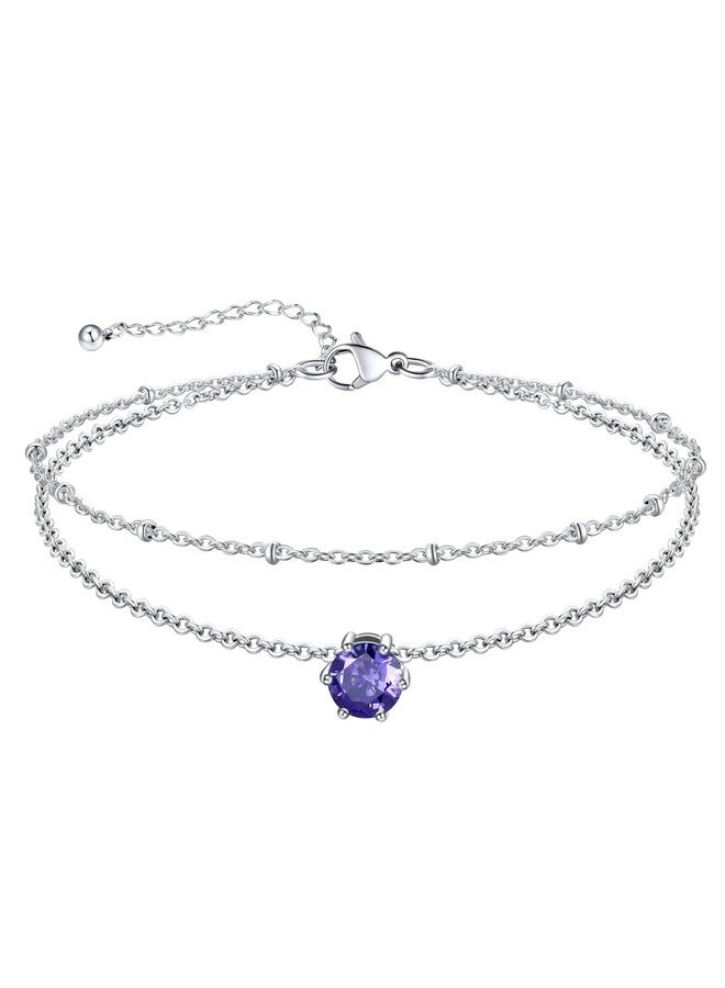 U7 Silver Anklets for Women, Layered Chain Stainless Steel Ankle February Birthstone Ankle Bracelet for Women - Image 1