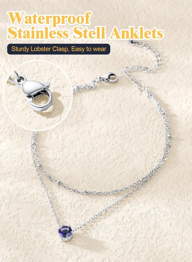 U7 Silver Anklets for Women, Layered Chain Stainless Steel Ankle February Birthstone Ankle Bracelet for Women - Image 5