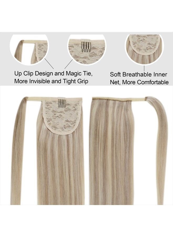 Easyouth - Blonde Human Hair Ponytail Extension Blonde Pony Tails Hair Extensions Human Hair Ash Blonde Highlighted Bleach Blonde Clip in Ponytail Hair Extension Ponytail Real Human Hair 16Inch 80g - Image 1