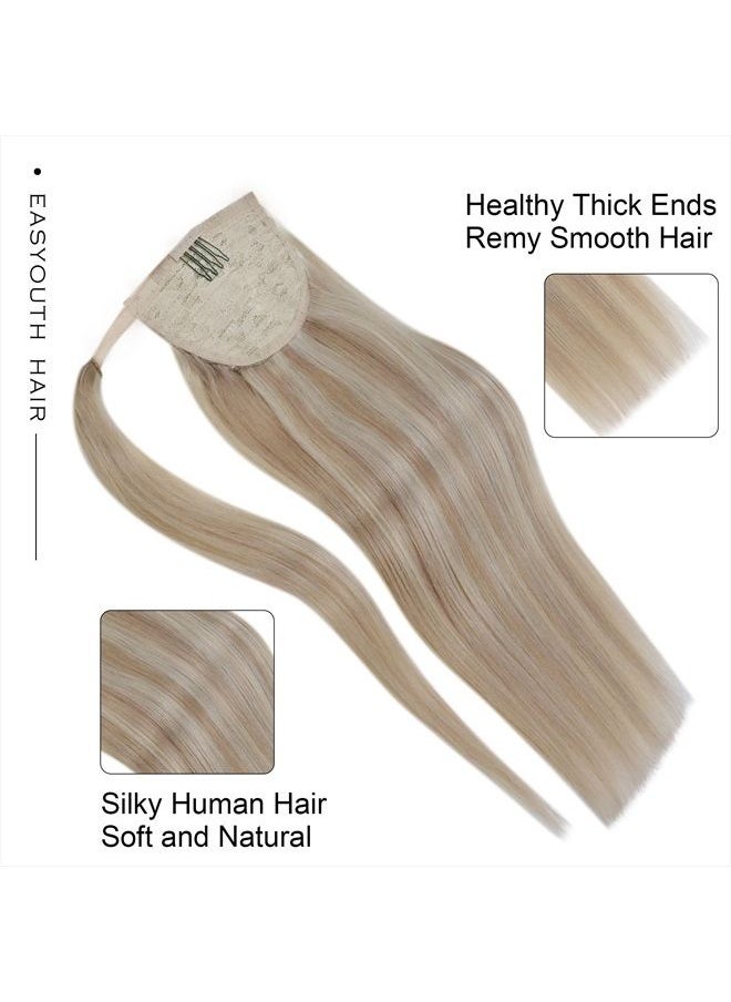 Easyouth - Blonde Human Hair Ponytail Extension Blonde Pony Tails Hair Extensions Human Hair Ash Blonde Highlighted Bleach Blonde Clip in Ponytail Hair Extension Ponytail Real Human Hair 16Inch 80g - Image 1