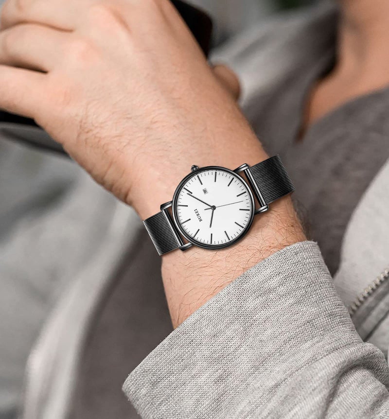 BUREI Men's Fashion Minimalist Wrist Watch Analog Date with Stainless Steel Mesh Band (White Face Black Band) - Image 5