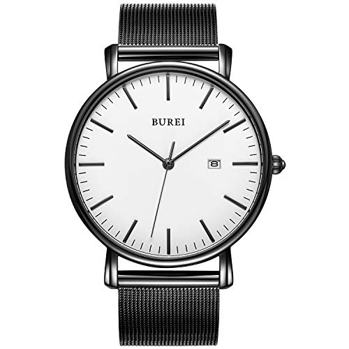 BUREI Men's Fashion Minimalist Wrist Watch Analog Date with Stainless Steel Mesh Band (White Face Black Band) - Image 1