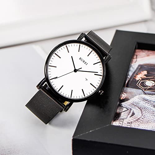 BUREI Men's Fashion Minimalist Wrist Watch Analog Date with Stainless Steel Mesh Band (White Face Black Band) - Image 4