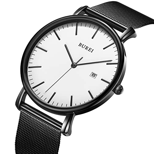 BUREI Men's Fashion Minimalist Wrist Watch Analog Date with Stainless Steel Mesh Band (White Face Black Band) - Image 2