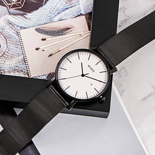 BUREI Men's Fashion Minimalist Wrist Watch Analog Date with Stainless Steel Mesh Band (White Face Black Band) - Image 3