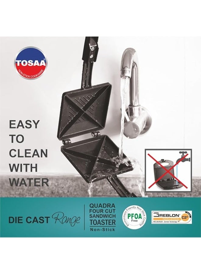 Tosaa Quadra 4-Cut Gas Sandwich Toaster Non-Stick Aluminium | Compatibility with Gas Stoves | Flame-Proof Design | Heat-Resistant Handle | Sandwich Maker | Black - Image 4