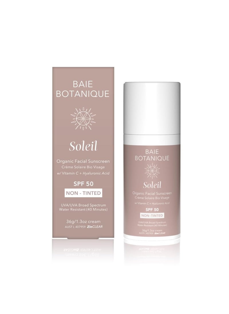 Baie Botanique - Baie Botanique Soleil Organic Facial Sunscreen SPF 50 Chemical Filter Free Hyaluronic Acid  Vitamin C Sunscreen for Face  Natural  Vegan  No White Cast  Non Toxic UVA UVB Protection 13 oz - Image 1
