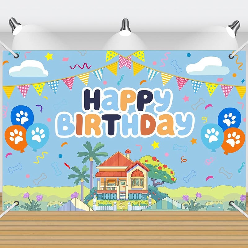 BOBORAT 5x3ft Blue Dog Birthday Backdrop with 32ft Ribbon, Birthday Party Decoration Background, Cute Cartoon Animal Theme Photo Banner for Kid, Adult (Style D) - Image 1