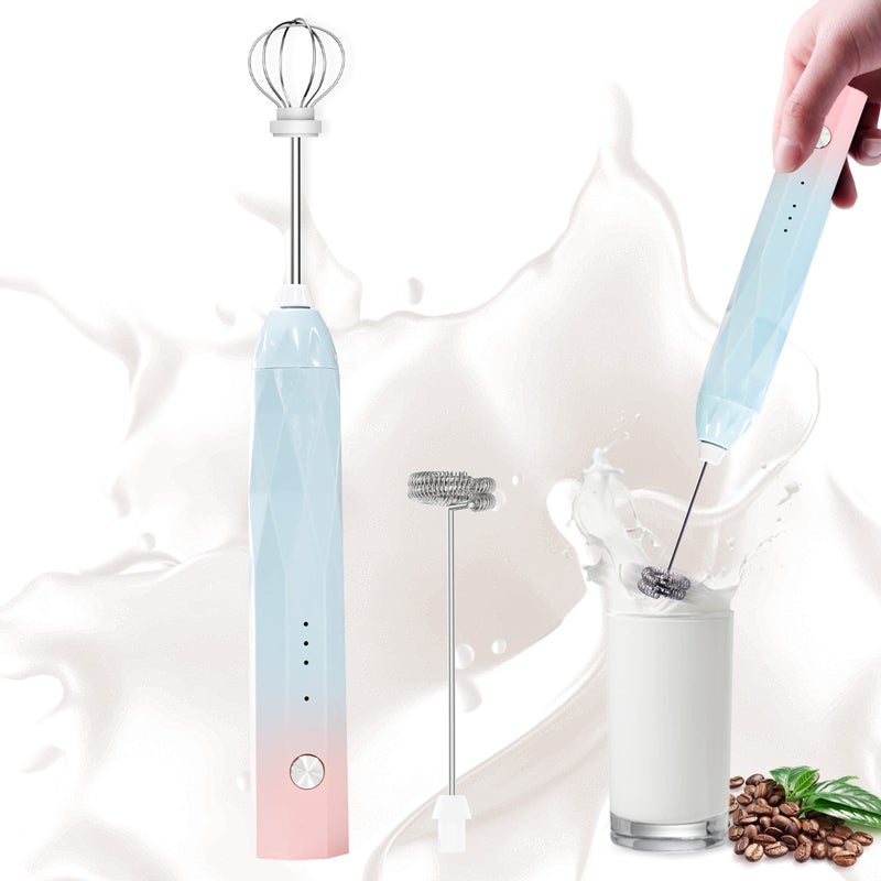 Milk Frother Rechargeable Handheld Electric Whisk Coffee Frother Mixer with 2 Stainless whisks 3 Speed Adjustable Foam Maker Blender for Coffee Matcha Latte Cappuccino Hot Chocolate BluePink