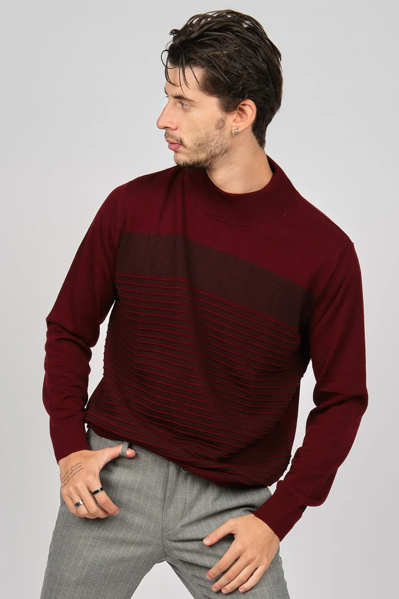 ديسين تريكو Patterned Knitwear Men's Patterned Half Turtleneck Wool Sweater 0249641 Claret Red