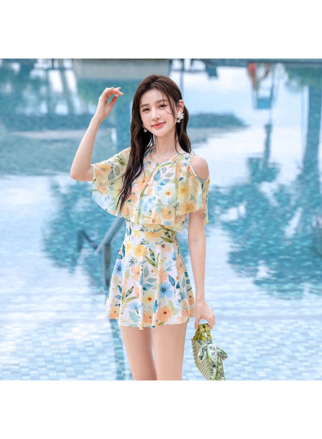F.dyraa Women's Swimsuit Dress Slimming Cover-up Spa Resort Swimming Pool Three-piece Set 15282 Yellow 2XL - Image 1
