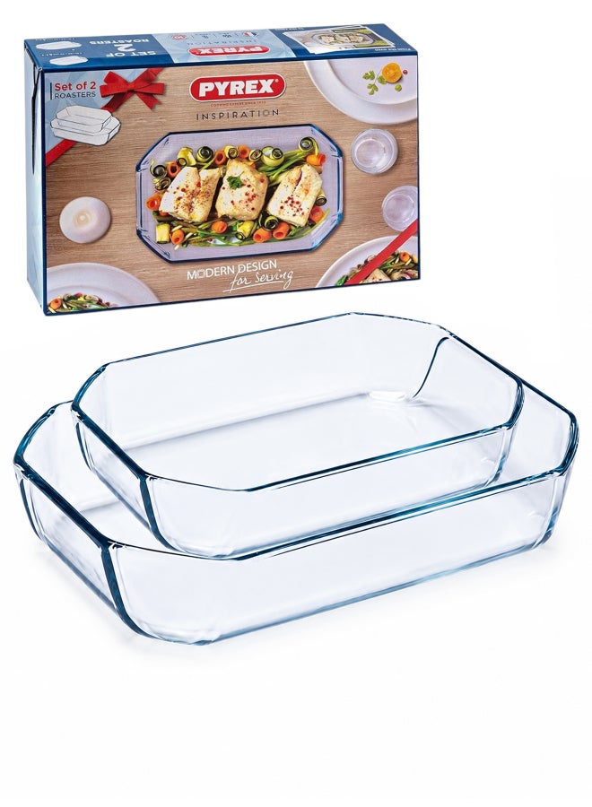 بيريكس Pyrex Inspiration Rectangular Roasters Set of 2 (2.5L & 3.2L), Borosilicate Glass Baking Dishes with Handles, Oven, Microwave, Freezer & Dishwasher Safe, BPA-Free Bakeware - Image 1