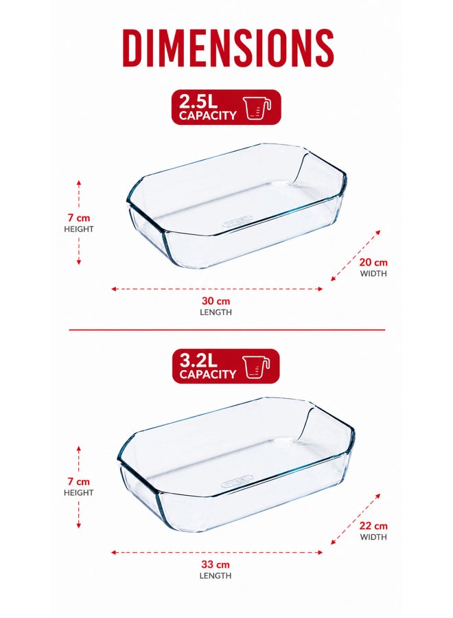بيريكس Pyrex Inspiration Rectangular Roasters Set of 2 (2.5L & 3.2L), Borosilicate Glass Baking Dishes with Handles, Oven, Microwave, Freezer & Dishwasher Safe, BPA-Free Bakeware - Image 2