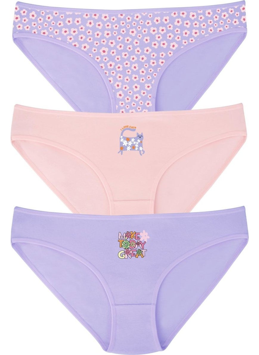 EQru Girls 3 Piece Bikini Panties Flower and Cat Patterned 3-Pack Slip  - Image 1