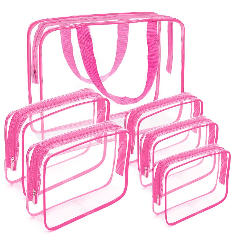 APREUTY Clear Makeup Bags TSA Approved 6 Pcs Cosmetic Makeup Bags Set Clear PVC with Zipper Handle Portable Travel Luggage Pouch Airport Airline Vacation Organization Rose Red - Image 2