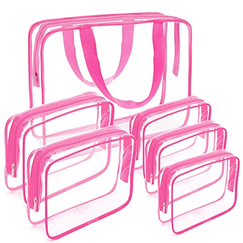 APREUTY Clear Makeup Bags TSA Approved 6 Pcs Cosmetic Makeup Bags Set Clear PVC with Zipper Handle Portable Travel Luggage Pouch Airport Airline Vacation Organization Rose Red - Image 1