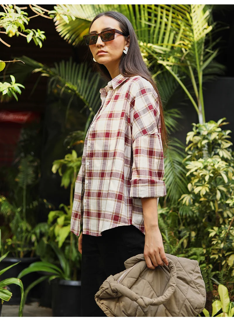 PINACOLADA Women's Mocha Brown & Pale Yellow Tartan Plaid Boxy Shirt