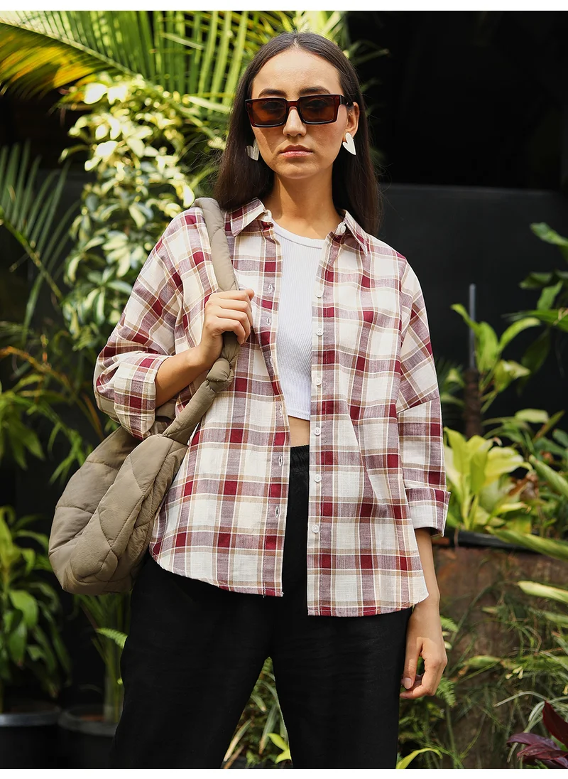 PINACOLADA Women's Mocha Brown & Pale Yellow Tartan Plaid Boxy Shirt