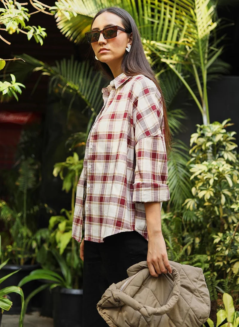PINACOLADA Women's Mocha Brown & Pale Yellow Tartan Plaid Boxy Shirt