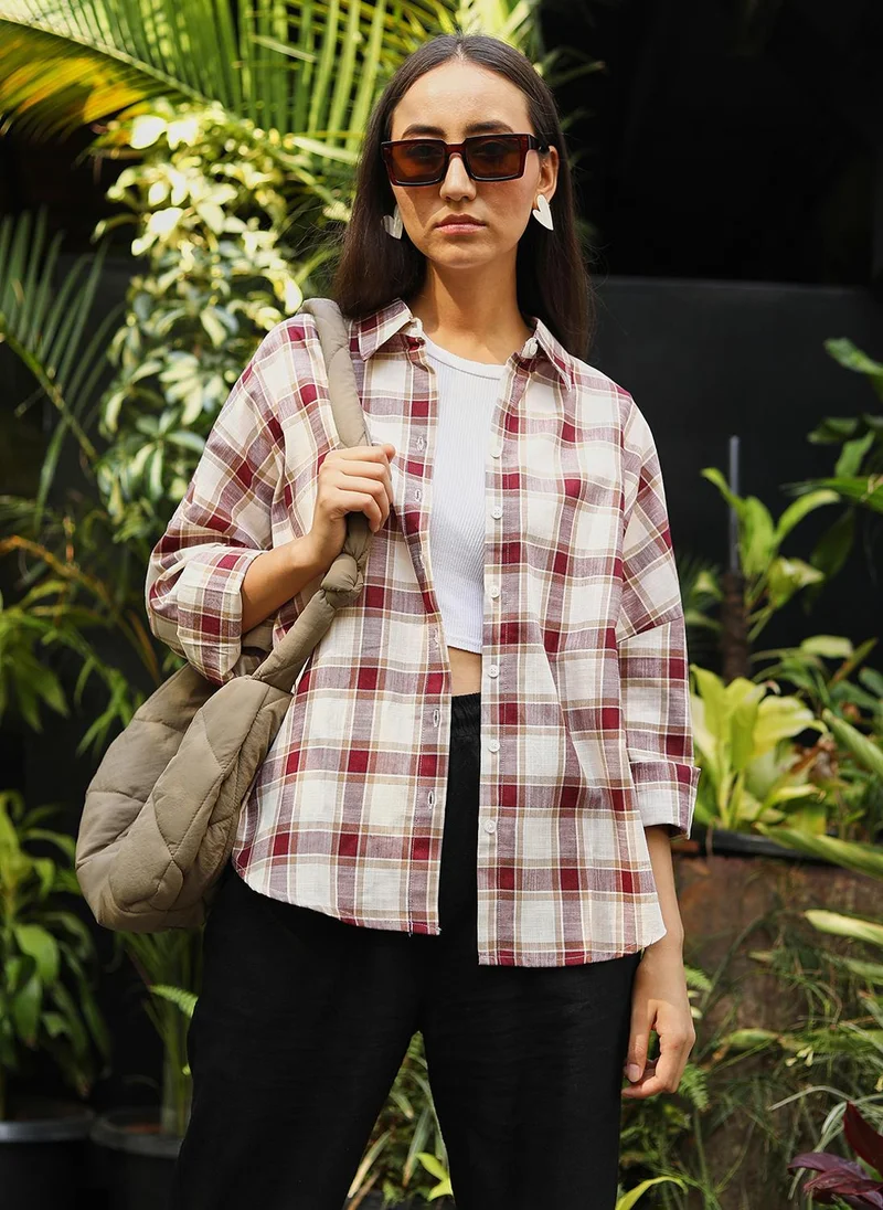 PINACOLADA Women's Mocha Brown & Pale Yellow Tartan Plaid Boxy Shirt
