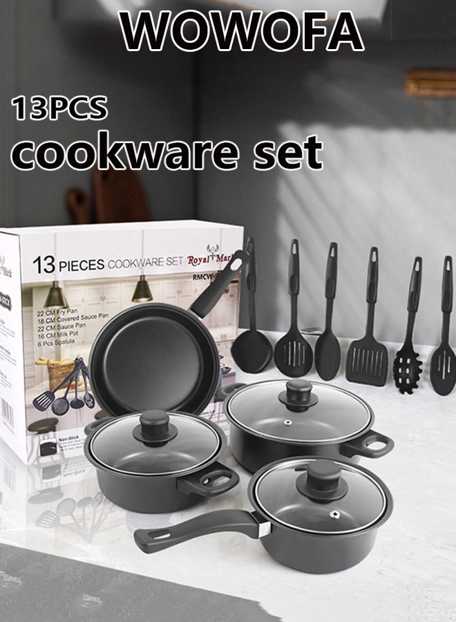 wowofa 13 piece cookware set ，non stick kitchenware set suitable for most stovesIncludes a 16cm milk pot, 18cm soup pot, 22cm soup pot, 22cm frying pan, and 6 kitchen utensils - Image 1