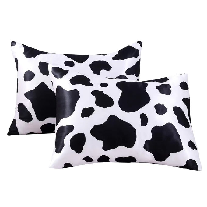 SATIN PILLOWCASE FOR HAIR AND SKIN COW PRINT SILK SATIN PILLOWCASE 2 PACK STANDARD SIZE PILLOW CASES SET OF 2 COOLING SILKY PILLOW COVER WITH ENVELOPE CLOSURE 20X26 INCHES COW