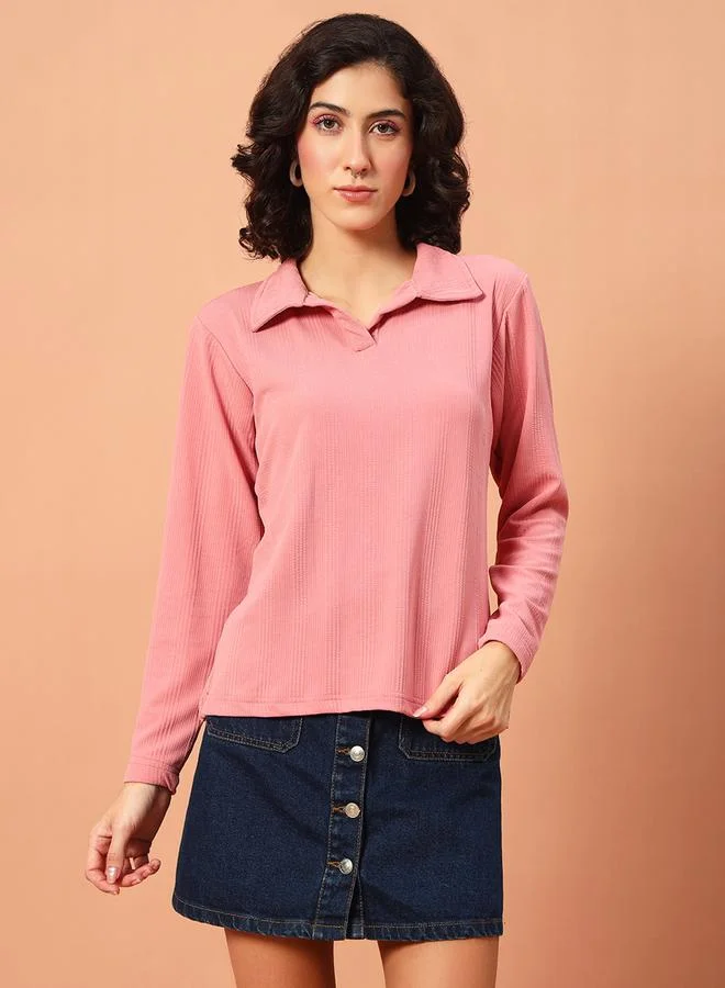 Take Two Women Pink Textured Polo T-Shirt By The Dry State
