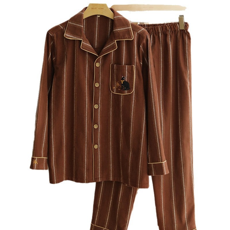 موجي أسلوب القطن النقي فرشاة بسيطة Stripesd مطرزة الملابس المنزلية زوجين بيجاما يمكن ارتداء خارج البدلة الأكمام الطويلة - Image 5