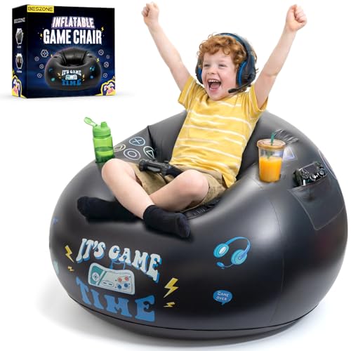 BESZONE Inflatable Gaming Chair for Kids and Teens with Cup Holders and Side Pocket Blow Up Bean Bag Gaming Chair for Boys Comfortable Inflatable Lounge Seat for Gamer Room Decor and Boys Room Furniture - Image 1